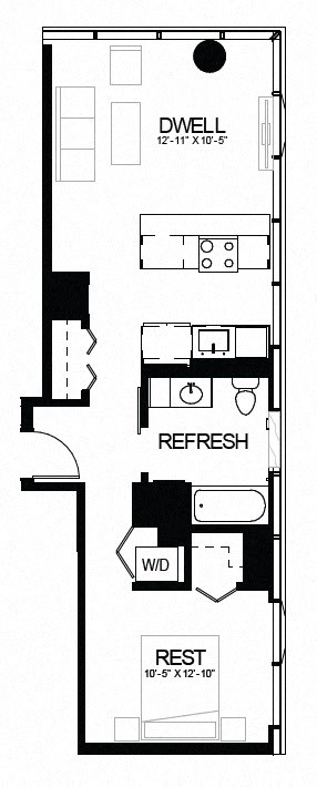 Floor plan for 1 bed, 1 bath, 680 sqft